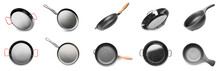 Set Of Empty Frying Pans On White Background