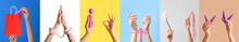 Set Of Hands With Different Sex Toys On Colorful Background