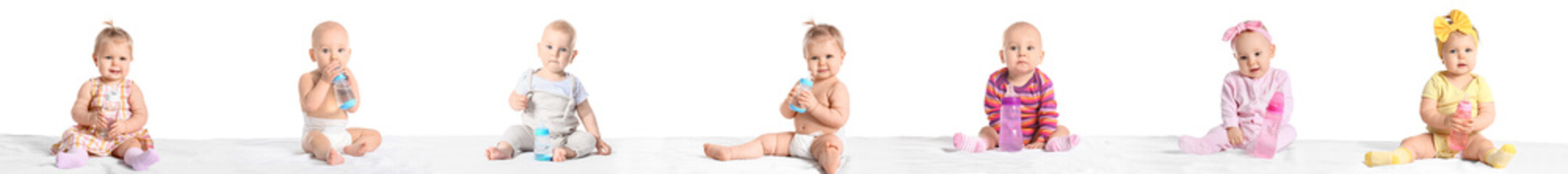 Sticker - Set of cute babies with bottles isolated on white