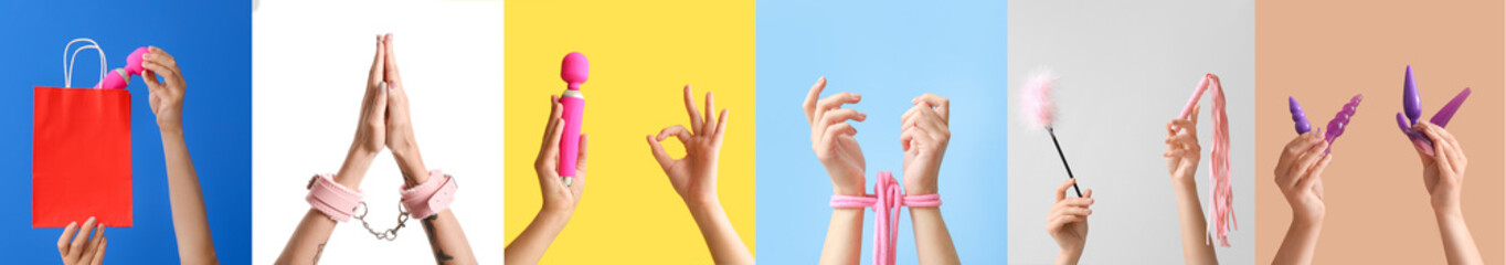 Sticker - Set of hands with different sex toys on colorful background