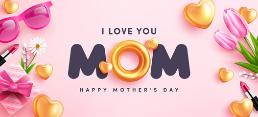 Wall Mural - I love MOM postcard.Mother's Day Poster or banner with sweet hearts,flower and pink gift box on pink background.Promotion and shopping template or background for Love and Mother's day concept