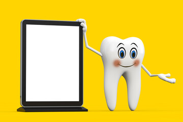Aufkleber - White Tooth Person Character Mascot with Blank Trade Show LCD Screen Display Stand as Template for Your Design. 3d Rendering