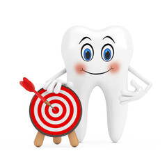 Fototapete - White Tooth Person Character Mascot with Archery Target and Dart in Center. 3d Rendering