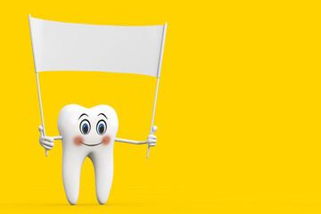 Fototapete - White Tooth Person Character Mascot and Yellow Road Sign with Free Space for Yours Design. 3d Rendering