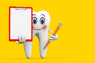 Poster - White Tooth Person Character Mascot with Red Plastic Clipboard, Paper and Pencil. 3d Rendering