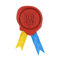 Aufkleber - Red Wax Seal with Ukraine Coat of Arms and Ribbon in Colors of Ukraine Flag. 3d Rendering