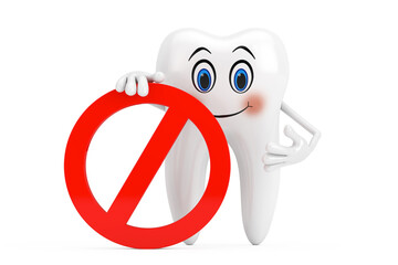 Poster - white tooth person character mascot with red prohibition or forbidden sign. 3d rendering