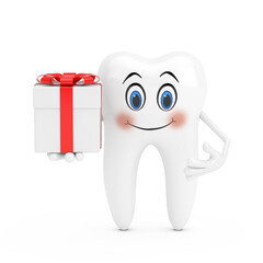 Aufkleber - White Tooth Person Character Mascot and Gift Box with Red Ribbon. 3d Rendering