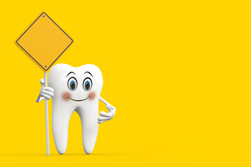 Poster - White Tooth Person Character Mascot and Yellow Road Sign with Free Space for Yours Design. 3d Rendering