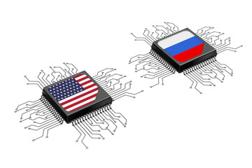 Poster - Hybrid and Cyber War Concept. Microchip CPU Processors with Circuit and USA and Russia Flags. 3d Rendering