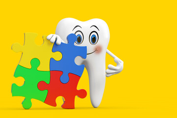 Aufkleber - White Tooth Person Character Mascot with Four Pieces of Colorful Jigsaw Puzzle. 3d Rendering