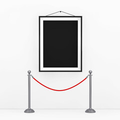 Poster - Museum Concept. Stand Rope Barrier in Front of Picture Frame with Free Space for Your Design. 3d Rendering