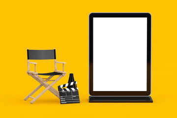 Aufkleber - Director Chair, Movie Clapper and Megaphone with Blank Trade Show LCD Screen Stand as Template for Your Design. 3d Rendering