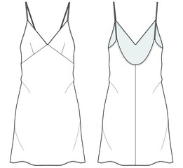 Sticker - slip dress flat sketch technical illustration. front and back apparel template. women's slip dress CAD mockup.