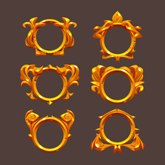 Poster - Round ui game frames, gold textured circles with curve ornate rims and decor. Cartoon circular empty borders, isolated graphic design gui elements for medieval rpg game or app Vector illustration, set