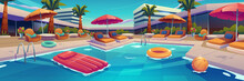 Outdoor Swimming Pool In Hotel, Empty Poolside With Chaise Lounges, Umbrella, Inflatable Ring Or Ball In Water And Palm Trees Along Building Facade. Exotic Resort Landscape Cartoon Vector Illustration