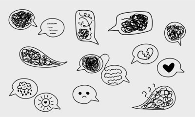 Set of confused messed up thoughts bubble line art icons. Depressed mental state before therapy, brain overthinking