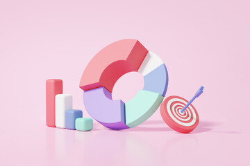 Fototapete - Minimal chart graph analytics optimization on pink background. growth investment business development concept. statistics finance archer arrow target planning. 3d render illustration