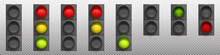 Traffic Lights With Red, Yellow And Green Led Lamps. Road Semaphore, Signal System For Safety Driving Control. Vector Realistic Set Of Traffic Regulation System On Street With Pedestrian Crosswalk