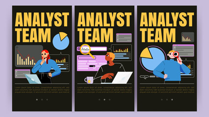 Poster - analysts team mobile app onboard screen pages. business concept with office people analysing data ch