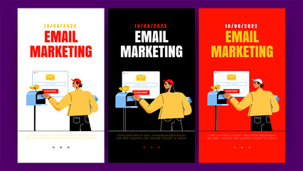 Poster - e-mail marketing mobile app onboard screen pages with postman girl put letter envelopes in mailbox n