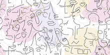 One Line Drawing. Abstract Face Seamless Pattern.