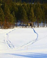 Wall Mural - Wooden shelter with forest and tracks in snowy northern Sweden