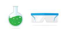 Flask For Chemical Lab Icon Vector Or Glasses Goggles Safety For Eyes Protect Flat Cartoon Illustration Isolated On White Background, Pharmacy Medical Ppe Or Laboratory Glassware Modern Design Image