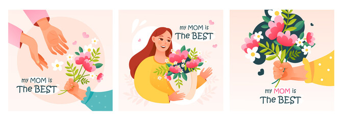  Mother's Day. A set of postcards for the best mom. Flowers and gifts for Mother's Day. Cute cartoon vector illustration