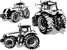 Set Of Drawings With Farm Tractor From Different Views - Black Illustrations Isolated On White Background, Vector