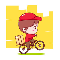 Cute cartoon of delivery man riding bicycle. Hand drawn chibi character isolated background.