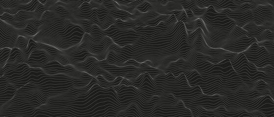 Poster - Abstract background with distorted line shapes on a black background. Monochrome sound line waves.