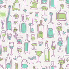 Wall Mural - Wine and drinks seamless vector pattern. line art Wine bottle and wine glass vector illustration. Drink wine bar tile background