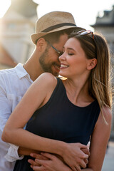 Portrait of happy couple having date and fun on vacation. People travel happiness concept.