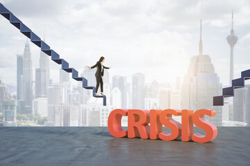 Canvas Print - Attractive young european woman balancing on abstract crisis steps on blurry sky and city background with mock up place. Growth, balance and entrepreneur concept.