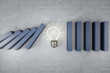 Wall Mural - Light bulb drawing in a row of gray domino, stopping the falling dominoes, problem solving and solution, creativity concept. Concrete wall backdrop. 3D Rendering.