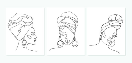Wall Mural - Set of Line art portrait African American women. Portrait of a woman. - Vector illustration