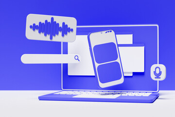 Fototapete - 3D illustration of a laptop with a search frame, a box, an internet panel with a magnifying glass icon, and an audio search. The concept of a modern audio search on the Internet