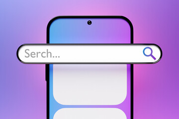 Poster - 3D colorful illustration of a modern smartphone with an information search bar on a pink background.