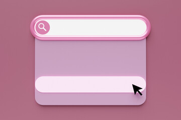 Poster - 3D illustration search frame, box, panel on the internet with a magnifying glass icon, a large white field for choosing from options on a pink background