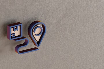 Fototapete - Beautiful abstract illustrations Blue and Golden Delivery Location Tracking symbol icons on a wall beton background. 3d rendering illustration. Background pattern for design. Online Shopping..