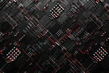 Poster - 3D illustration of the Close up of the red and black  cyber armor on neon lights. Abstract Graphics in the style of computer games.
