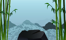 Podium Black Stone And Bamboo Behind Mountains And Blue Sky