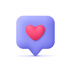Poster - Love like heart social media notification, speech bubble with like.Social media network. 3d vector icon. Cartoon minimal style.