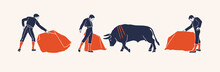 Collection Of Dark Silhouettes Of Matadors With Red Capes In Different Poses And Bull. Toreador Is Main Participant In The Bullfight. Traditional Symbol Of Spain. Vector Illustration Isolated.