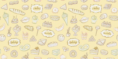 Wall Mural - Seamless pattern with desserts and baked goods, art doodle style hand drawn sketch