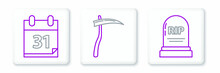 Set Line Tombstone With RIP, Calendar Halloween Date 31 October And Scythe Icon. Vector