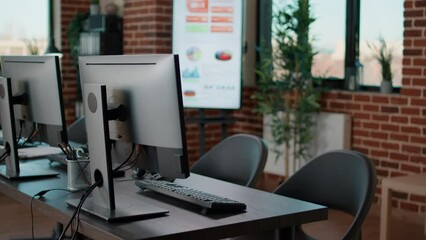 Poster - No people in customer support service office with computers, space prepared to talk to clients at helpline call center. Nobody in workplace to give telemarketing and telework assistance.