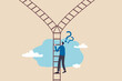 © Nuthawut - Decision making, choosing choices, options or way, which direction to be success or decide path to achieve target concept, confused businessman climb up ladder and found crossroad to make decision.