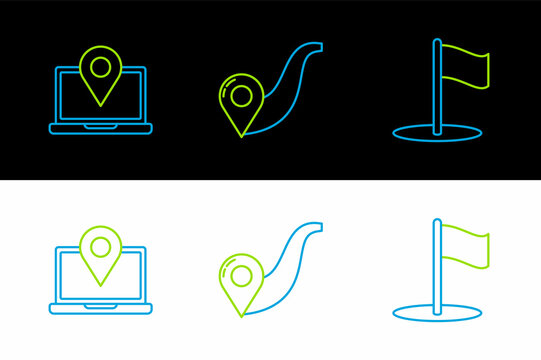 Set line Flag, Laptop with location marker and Route icon. Vector